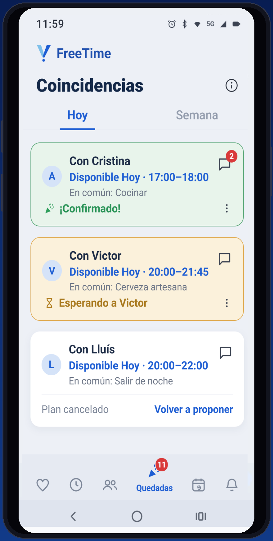 Pantalla Coincidencias de FreeTime