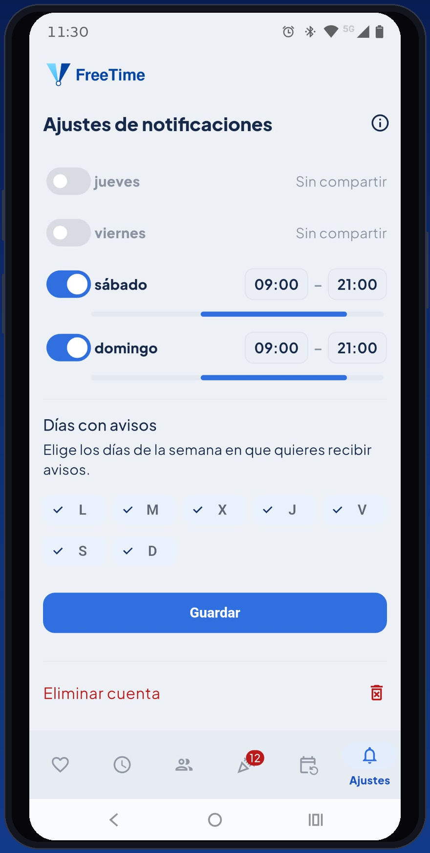 Pantalla Configuració de notificacions de FreeTime