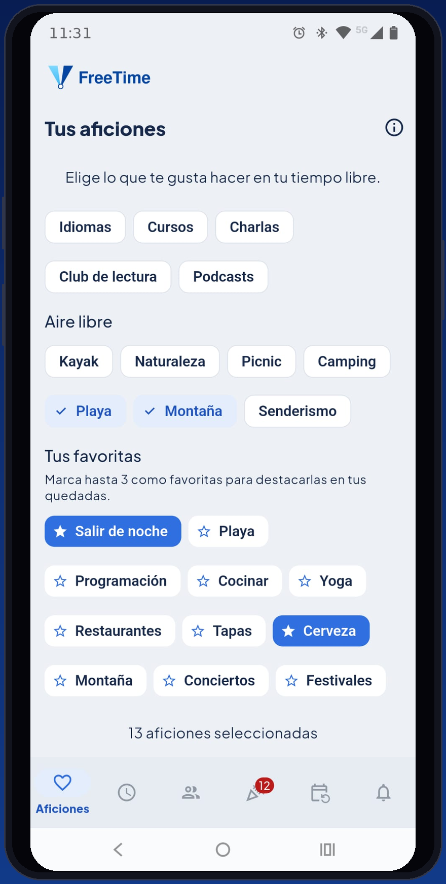 Pantalla Tus aficiones de FreeTime