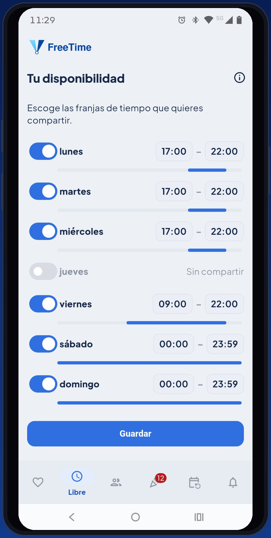 Pantalla Tu disponibilidad de FreeTime