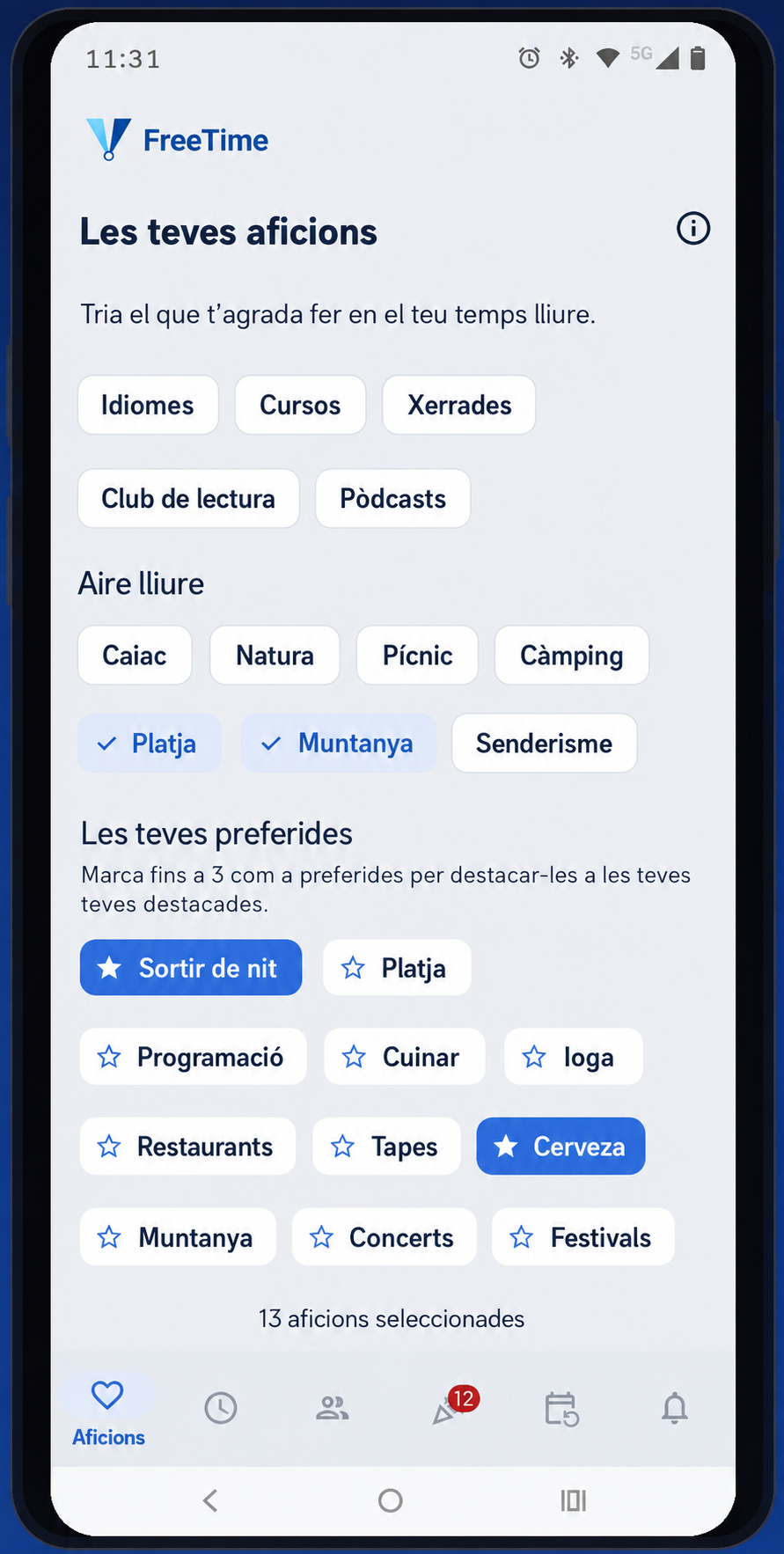 Pantalla Les teves aficions de FreeTime