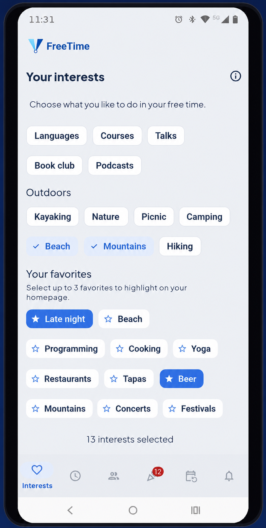 FreeTime Hobbies screen