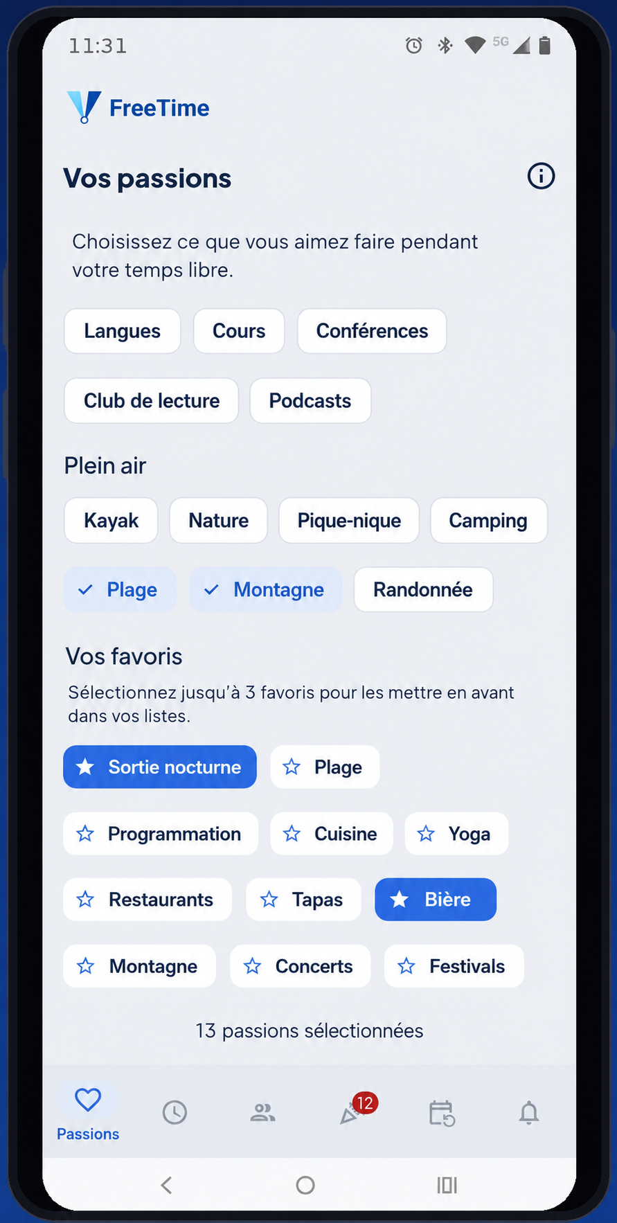 Écran Loisirs de FreeTime