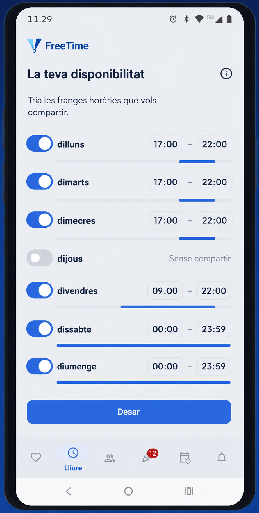Pantalla La teva disponibilitat de FreeTime
