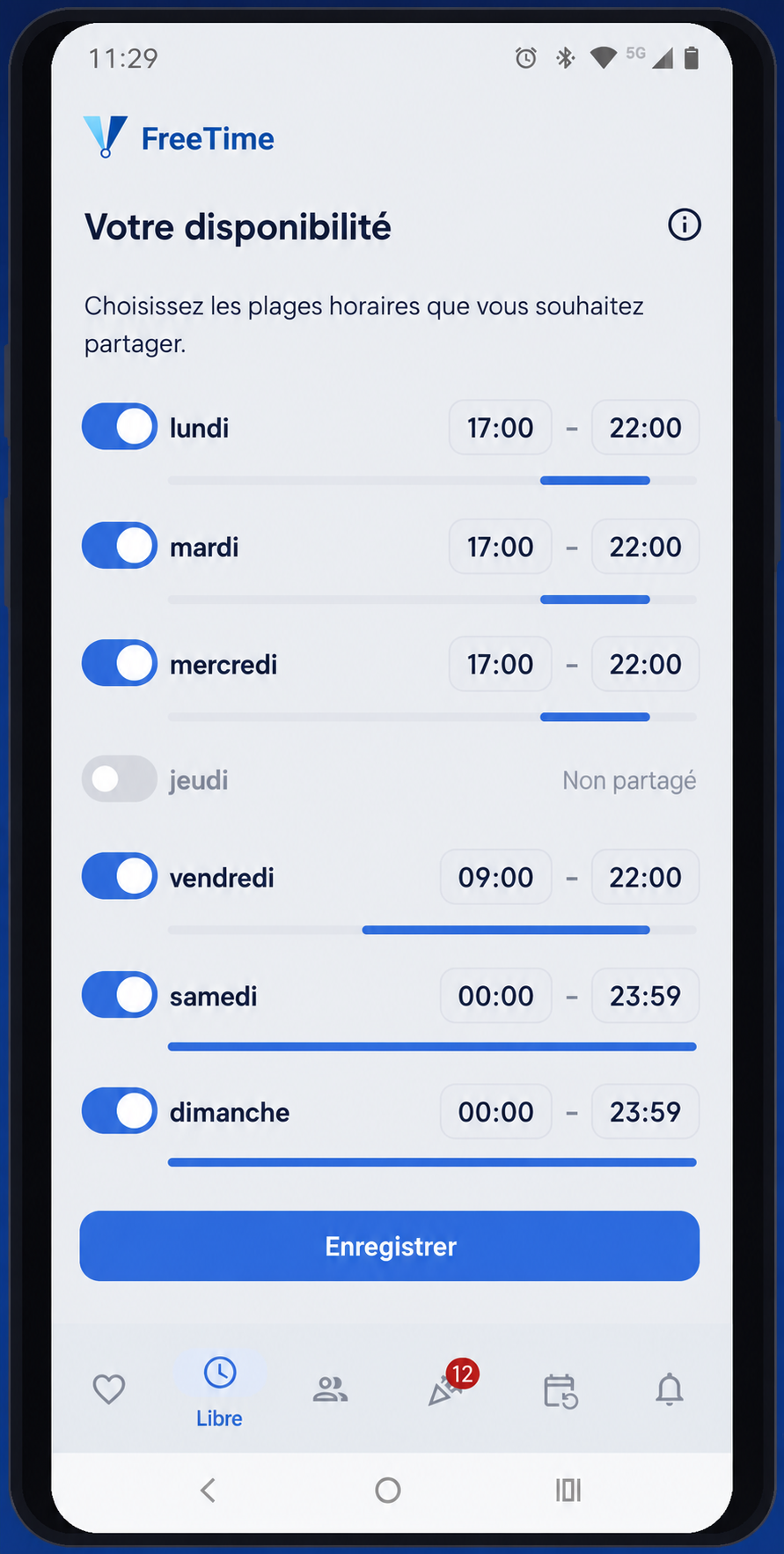 Écran Disponibilité de FreeTime