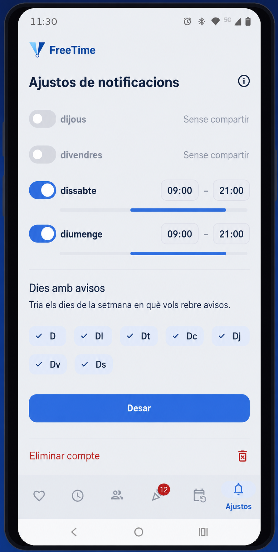 Pantalla Configuració de notificacions de FreeTime