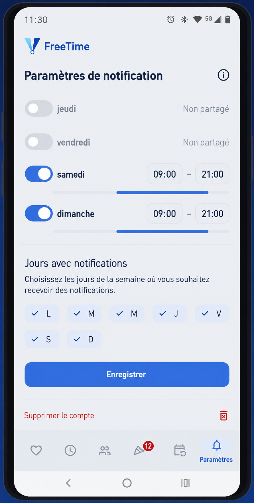 Écran Paramètres de notifications de FreeTime